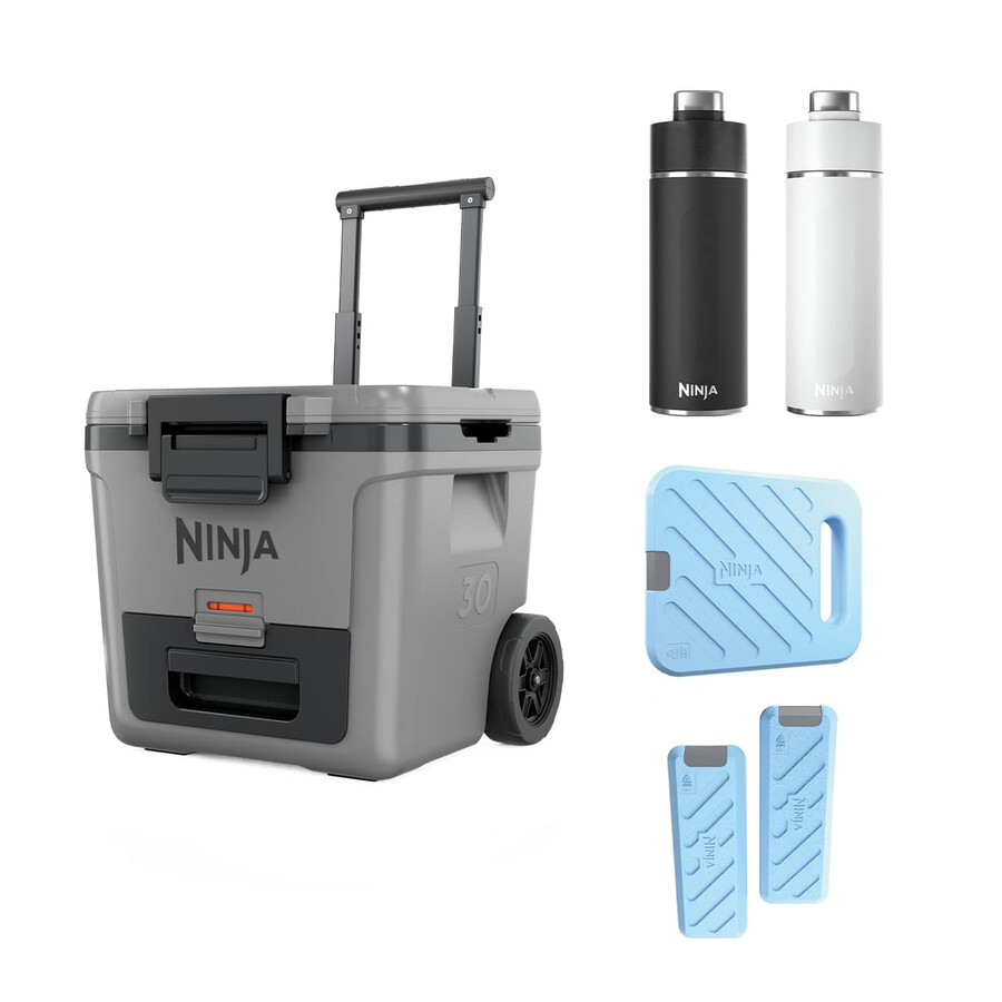 ensemble glacière à roulettes ninja frostvault 30qt28l bloc réfrigérant et bouteille isotherme thirsti