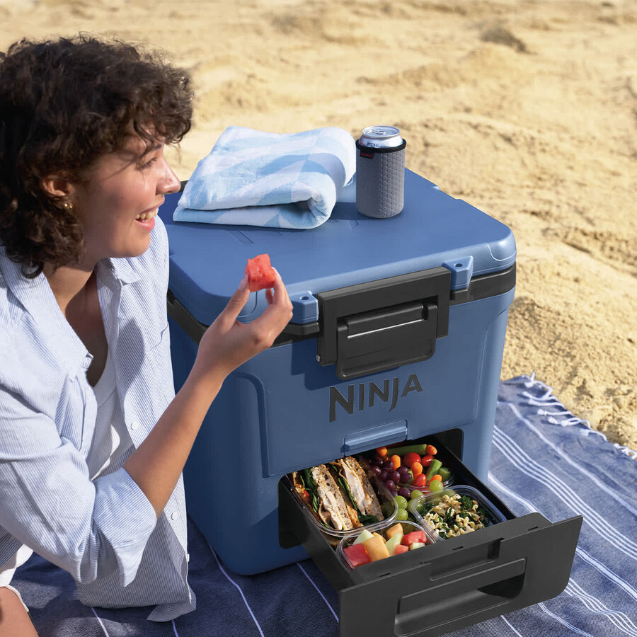 glacière à roulettes ninja frostvault 30qt28l avec zone sèche bleu lakeshore fb230ukbl