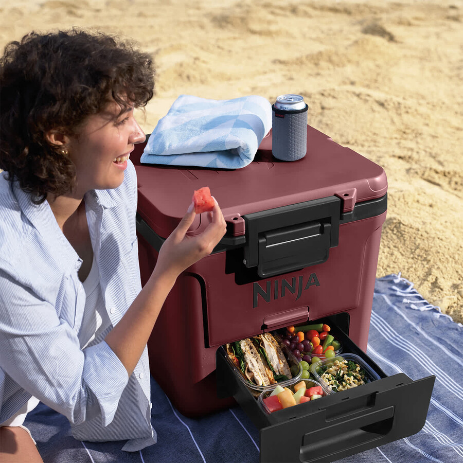 glacière à roulettes ninja frostvault 30qt28l avec zone sèche rouge canyon fb230ukmr
