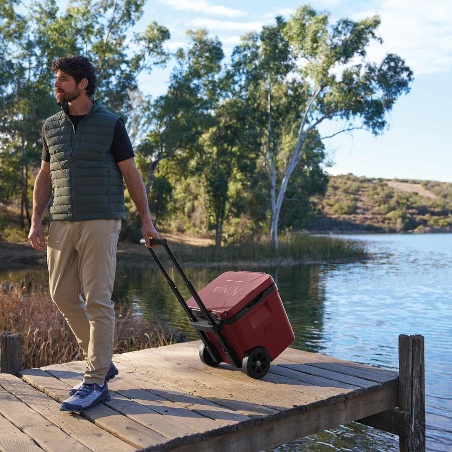 glacière à roulettes ninja frostvault 30qt28l avec zone sèche rouge canyon fb230ukmr