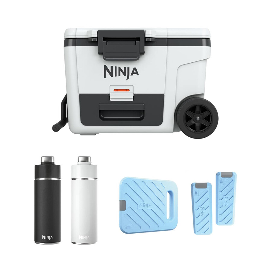 ensemble glacière à roulettes ninja frostvault 45qt42l bloc réfrigérant et bouteille isotherme thirsti